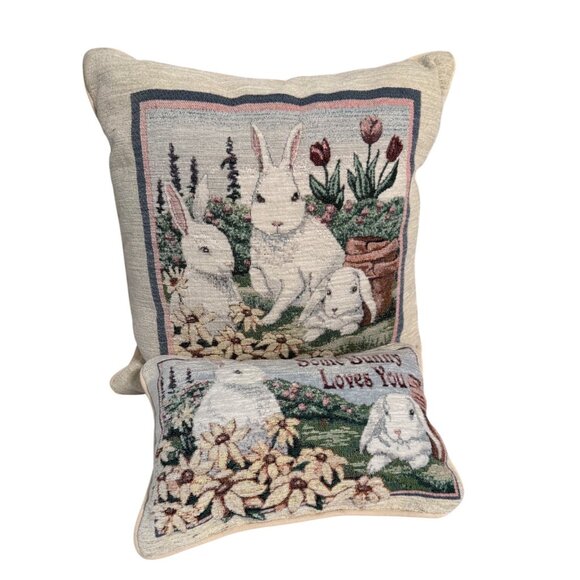 2 Decorative Bunny Garden floral Tapestry Throw Pillow Set Some Bunny Loves You - Picture 1 of 11
